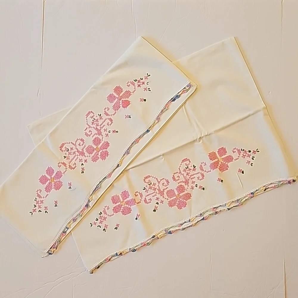 Vintage TWO Crocheted & Embroidered Standard White Pillowcases Granny Made NWOT
